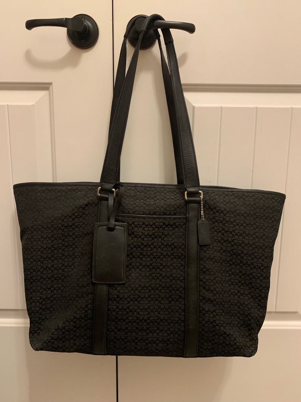 Vintage Coach Black Jacquard Signature travel Tote with Leather Trim